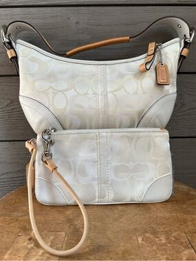 Vintage Y2K Coach SET White Optic Signature Monogram Hobo Bag Purse + Wristlet
